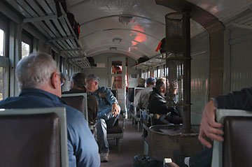 Trochita car interior, with wood stove